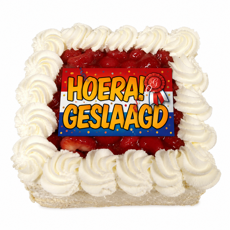 Hoera geslaagd Aardbeientaart vierkant